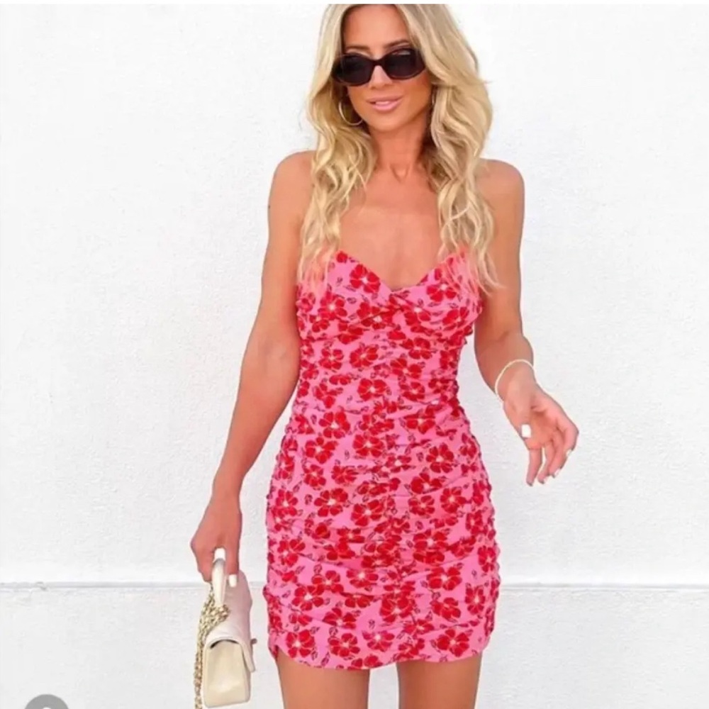 🆕 ZARA Women's Pink Red Floral Twisted Bodice Mini Dress Spaghetti Stra Sz M